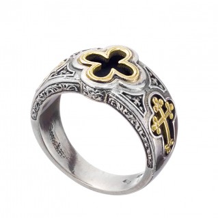 Gerochristo 2974N ~ Solid Gold & Silver Byzantine-Medieval Men's Cross Band Ring