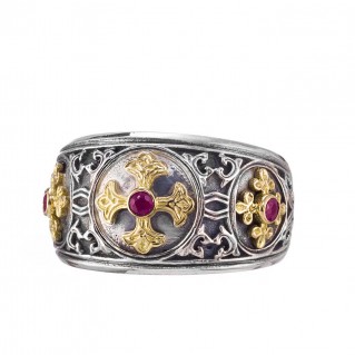 Gerochristo 2983N ~ Solid Gold, Silver & Rubies Byzantine-Medieval Band Ring with Crosses