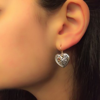 Gerochristo 1275 ~ Solid 18K Gold, Sterling Silver & Ruby Filigree Heart Earrings