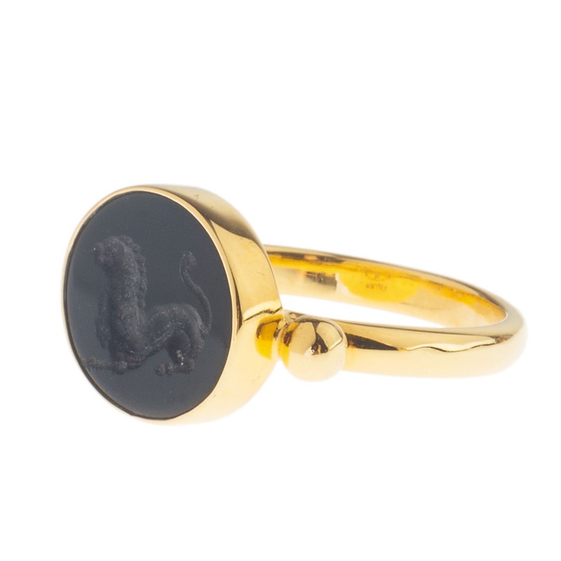 Gold Intaglio Seal Stone Black Onyx Ring with Lion - Savati 282