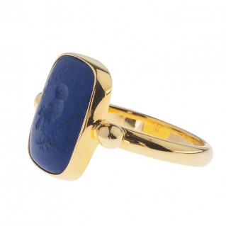 Solid Gold Intaglio Seal Stone Lapis Ring with Carved Owl ~ Savati 299